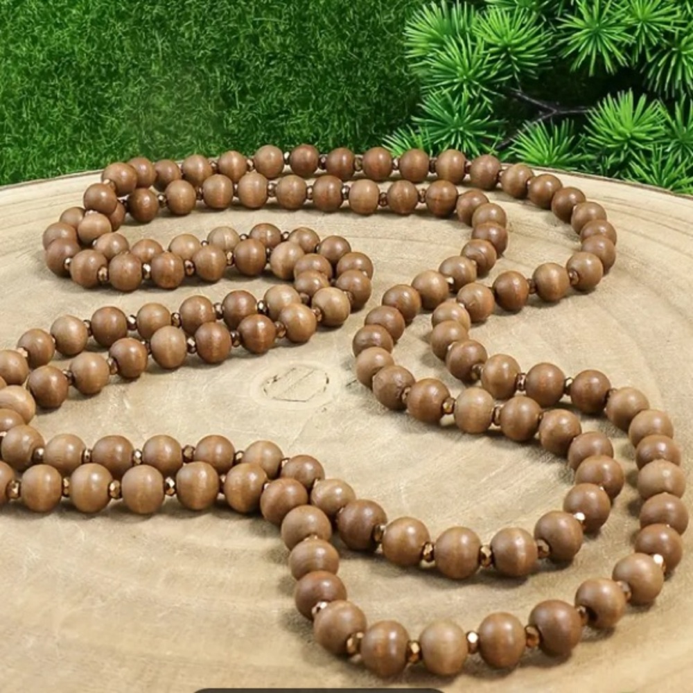 Long Hang Wood Bead and Metallic Bronze Bead Necklace NWT - Picture 4 of 6